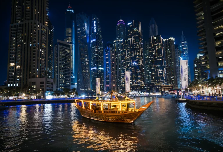 Un bateau dhow traditionnel navigue devant des gratte-ciel illuminés la nuit