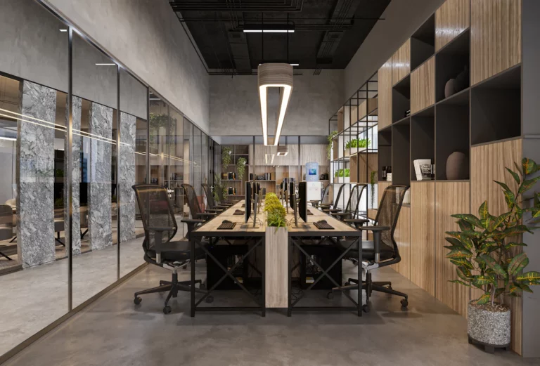 une grande salle de conférence avec une longue table et des chaises